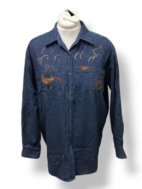 Bushwacker Women’s Long Sleeve Button Down Shirt VTG 90s Denim Embroidered L